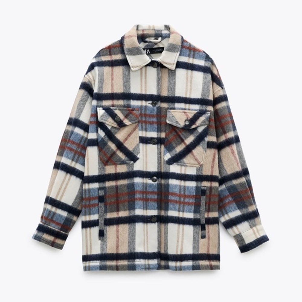 ZARA WOOL BLEND PLAID SHACKET - navy